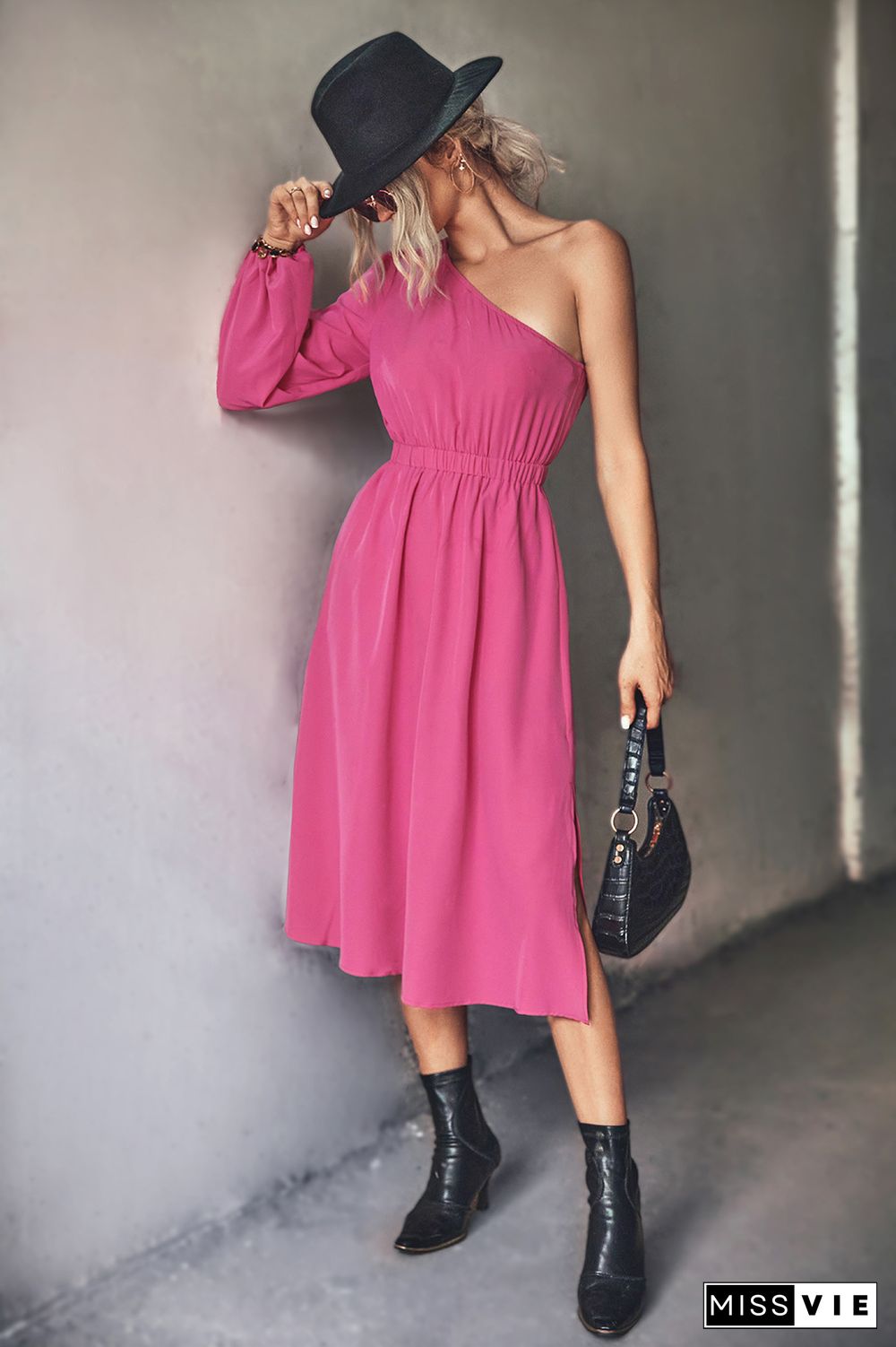 One Shoulder Elastic High Waist Midi Dress