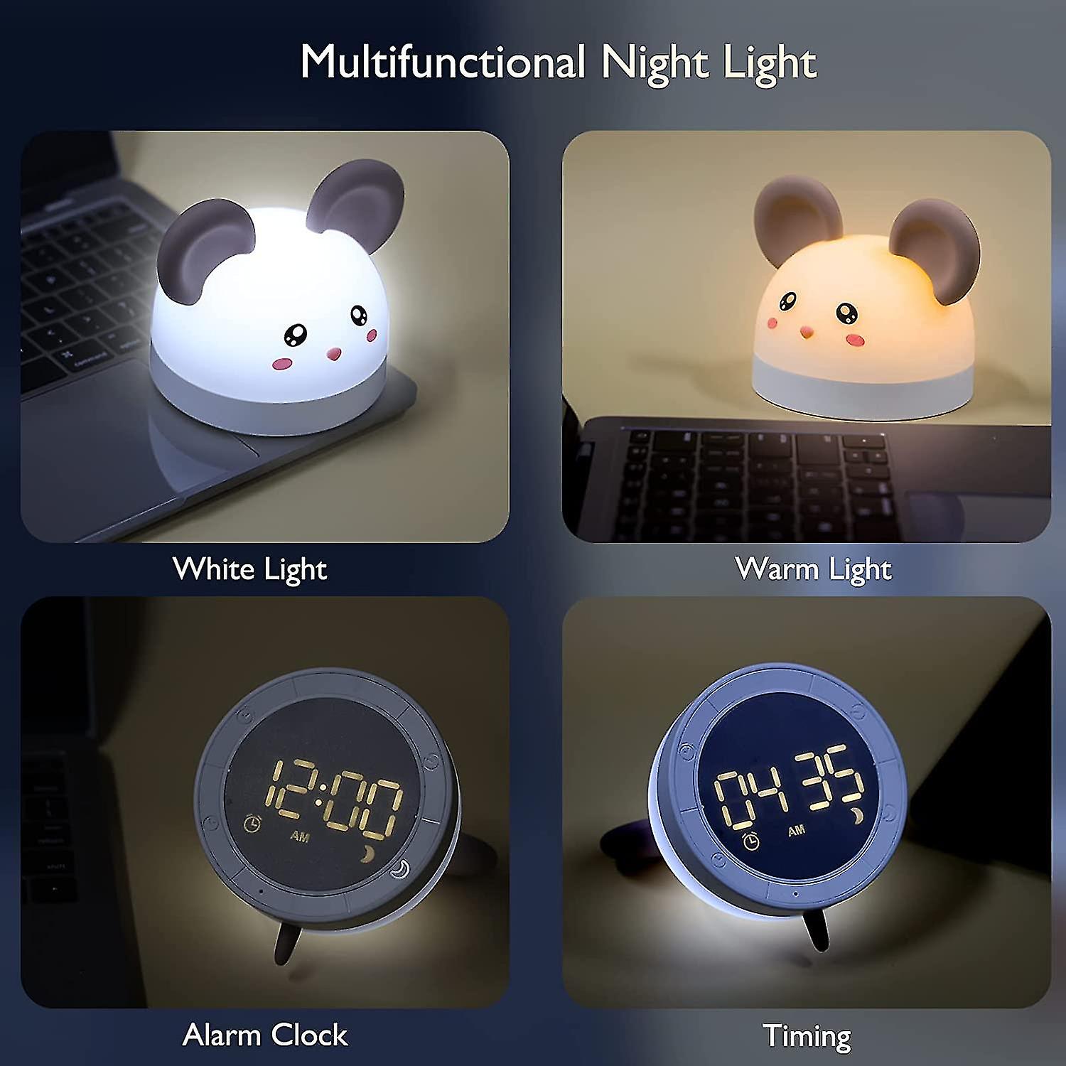 Kids Night Light 2-in-1 Portable Alarm Clock And Night Light Silicone Bedside Clock Adjustable Brightness Usb Rechargeable Night Light Baby Gifts For