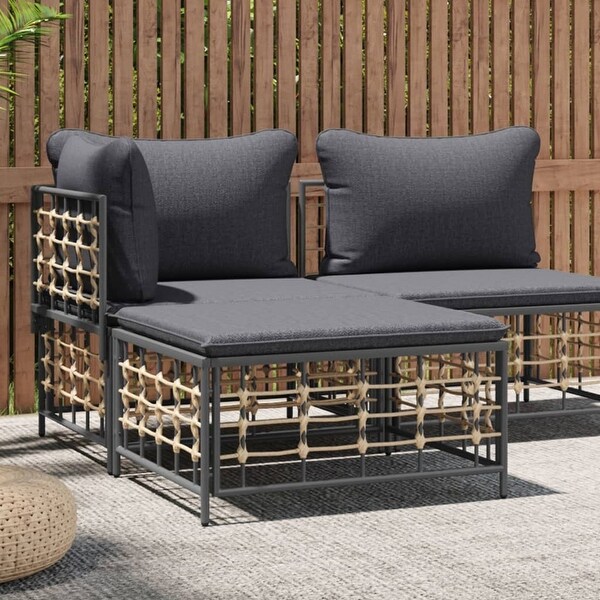 vidaXL Patio Corner Sofa with Beige Cushions Poly Rattan