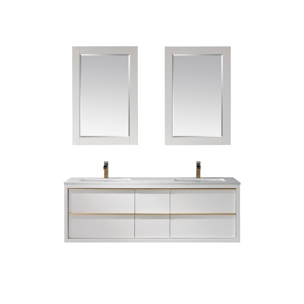 Altair Morgan Double Bathroom Vanity Set in White and Aosta White Countertop with Mirror