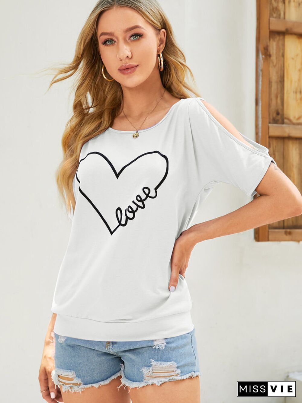 Letters Heart Printed O-neck Off Shoulder Blouse