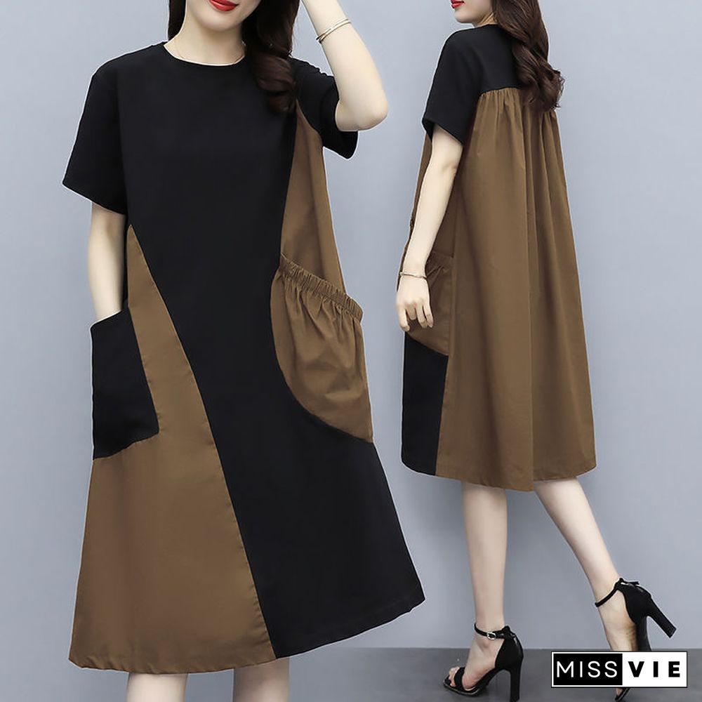 Contrast Stitching Dress In Long Large Size Loose Slim Belly Skirt