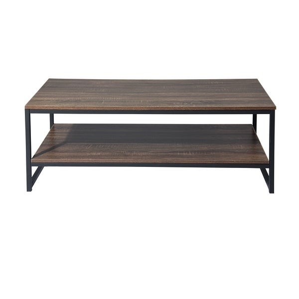 Retro Wood Coffee Table with Storage Shelf and Metal Frame