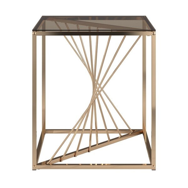 Square Metal and Glass Top End Table， Champagne Gold