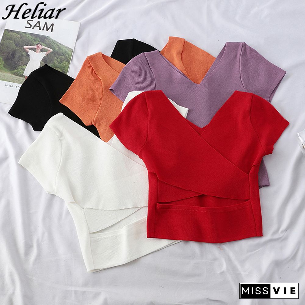 Heliar Knitting T-Shirts Women Tops Female Backless Sexy Tops Ladies Cotton Tees Solid Short Sleeve T-Shirt Women Summer