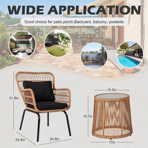 3 Piece Outdoor Wicker Conversation Bistro Set，AllWeather Rattan Furniture Patio Chairs Set with Cushions