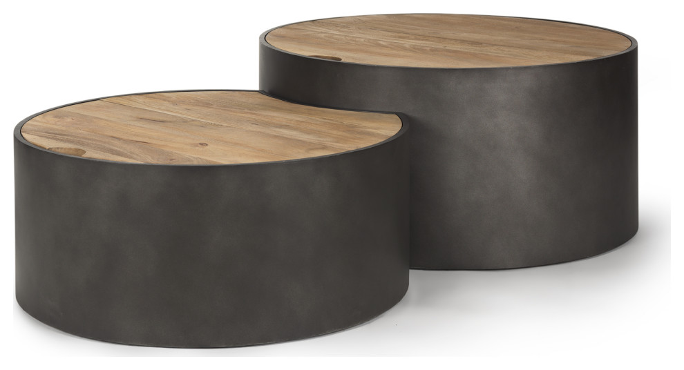 Eclipse Gray Metal Base With Brown Solid Wood Top Round Nested Coffee Tables   Modern   Coffee Tables   by Mercana  Houzz