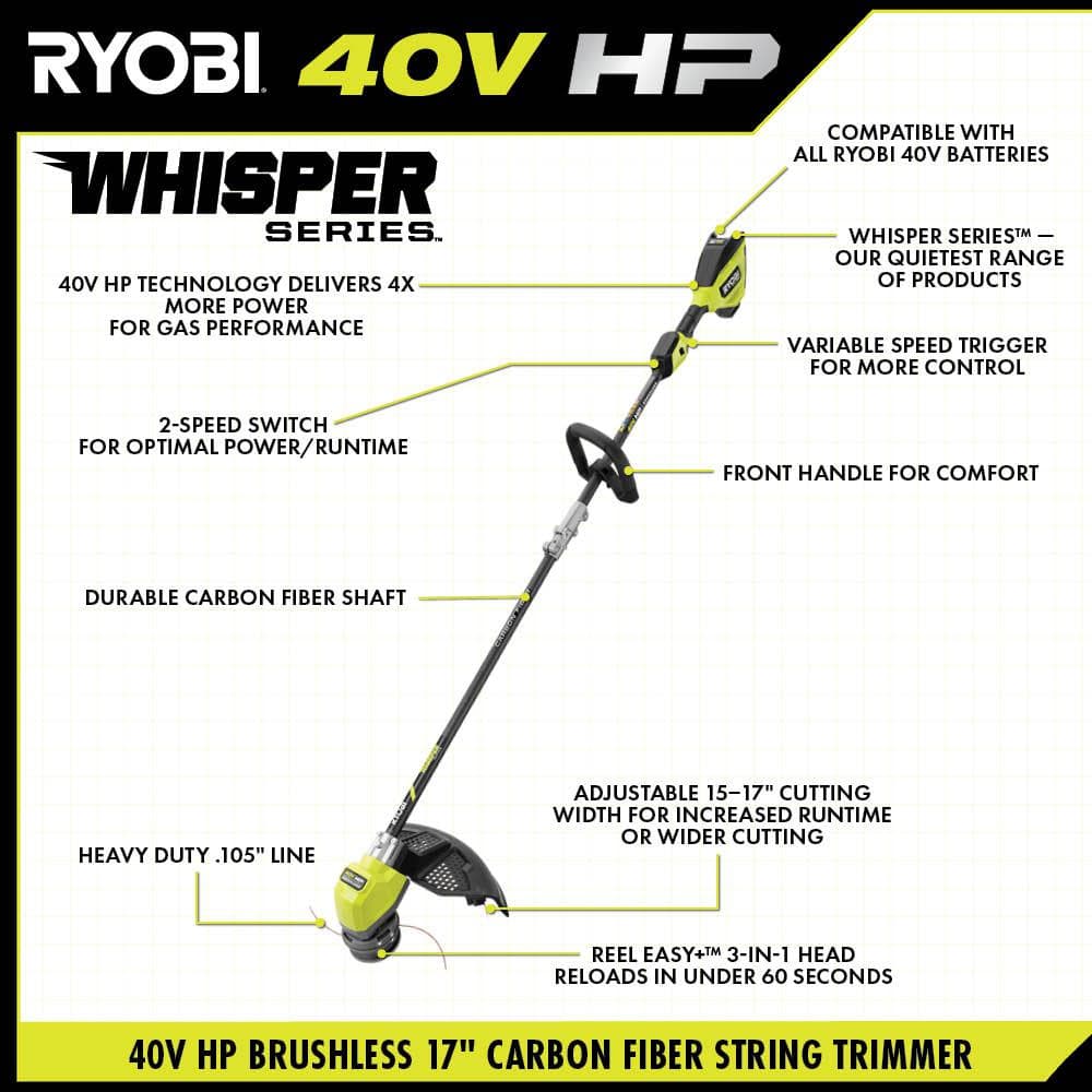 RYOBI 40V HP Brushless Whisper Series 17 in. Cordless Battery Carbon Fiber Shaft String Trimmer w/ 6.0 Ah Battery & Charger RY402110