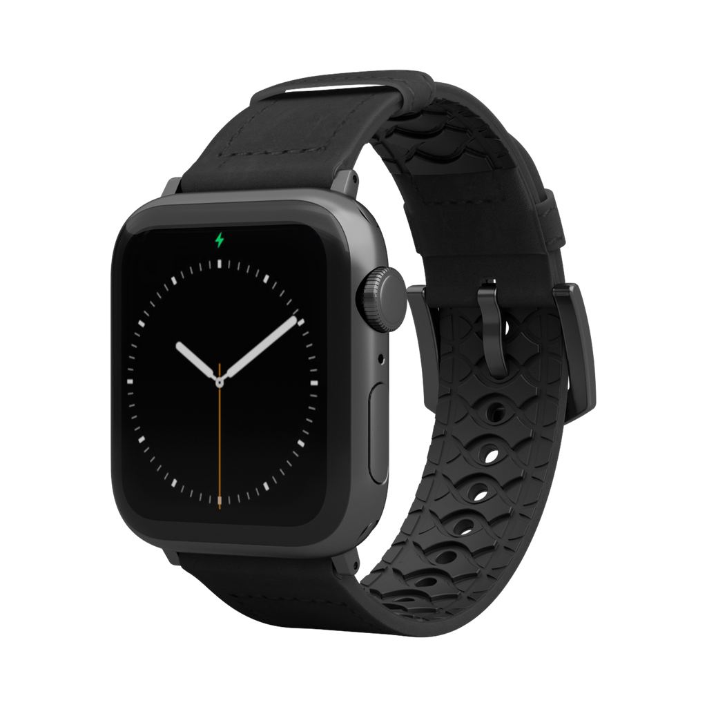 Obsidian Black Leather and Rubber Hybrid Apple Watch Band