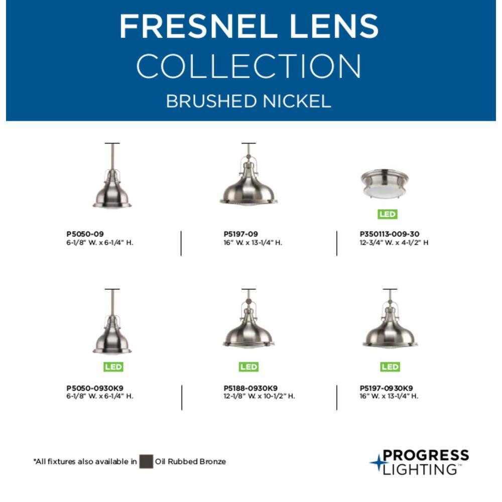 Progress Lighting Fresnel Lens Collection 12 in. 1-Light LED Brushed Nickel Fresnel Glass Coastal Pendant Kitchen Light P5188-0930K9