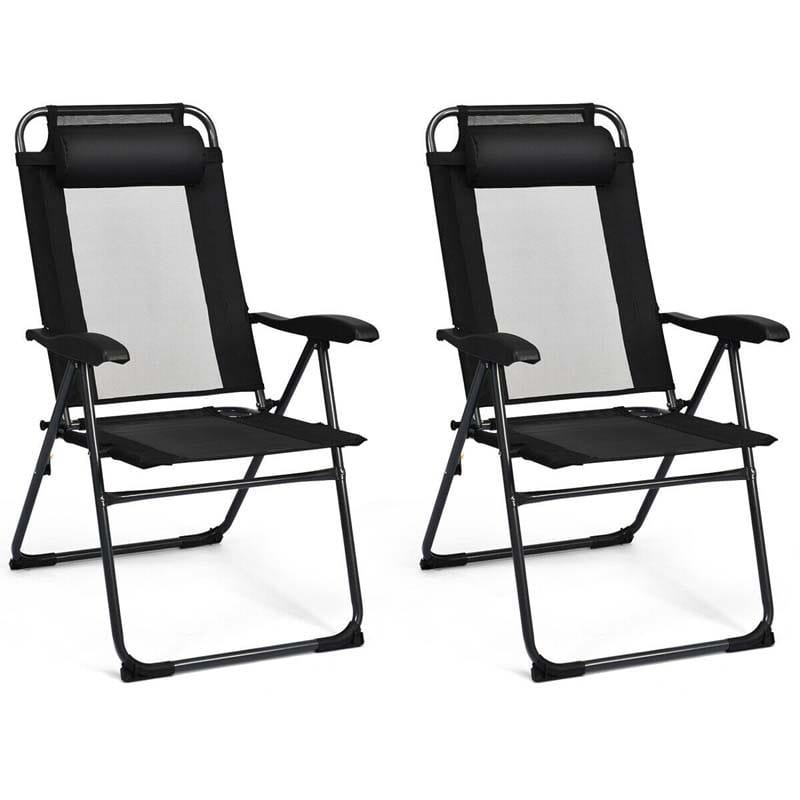 Set of 4 Patio Dining Chairs, 7-Positon Folding Lounge Chairs, Outdoor Portable Sling Chairs with Metal Frame