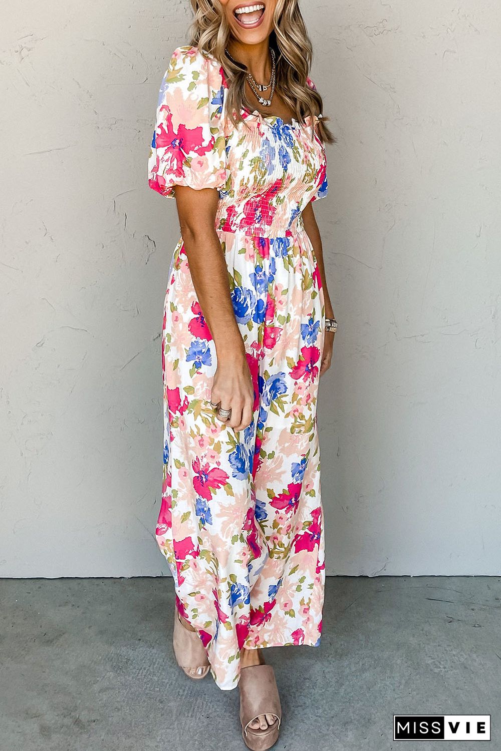 Multicolor Floral Print Smocked Puff Sleeve Jumpsuit