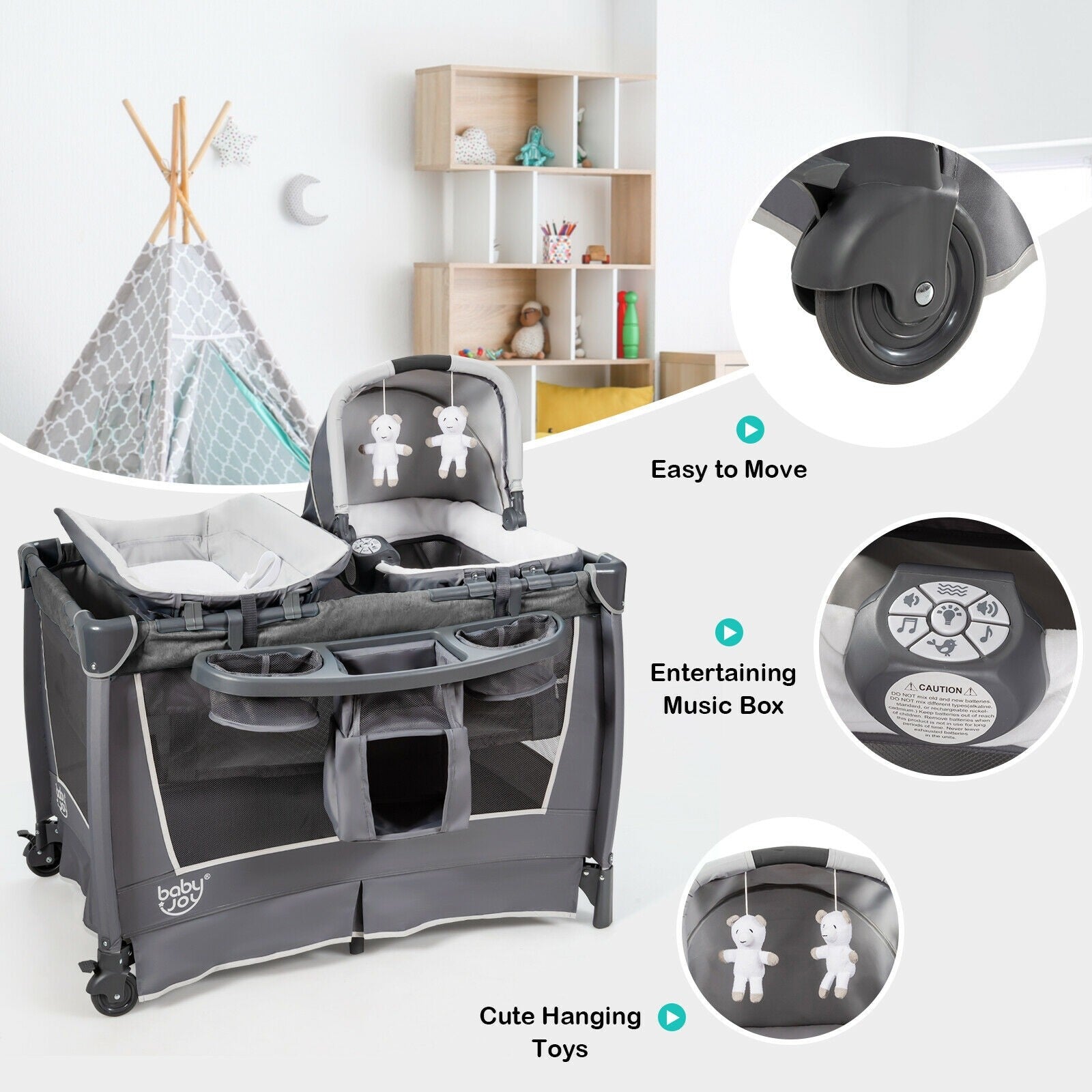 BABY JOY 4 in 1 Nursery Center, Foldable Pack and Play w/Bassinet, Changing Tabl (Space Gray)