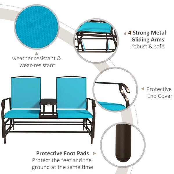 Outsunny 2Person Outdoor Glider Bench w/ Center Table，Steel Frame for Backyard Garden Porch，Beige