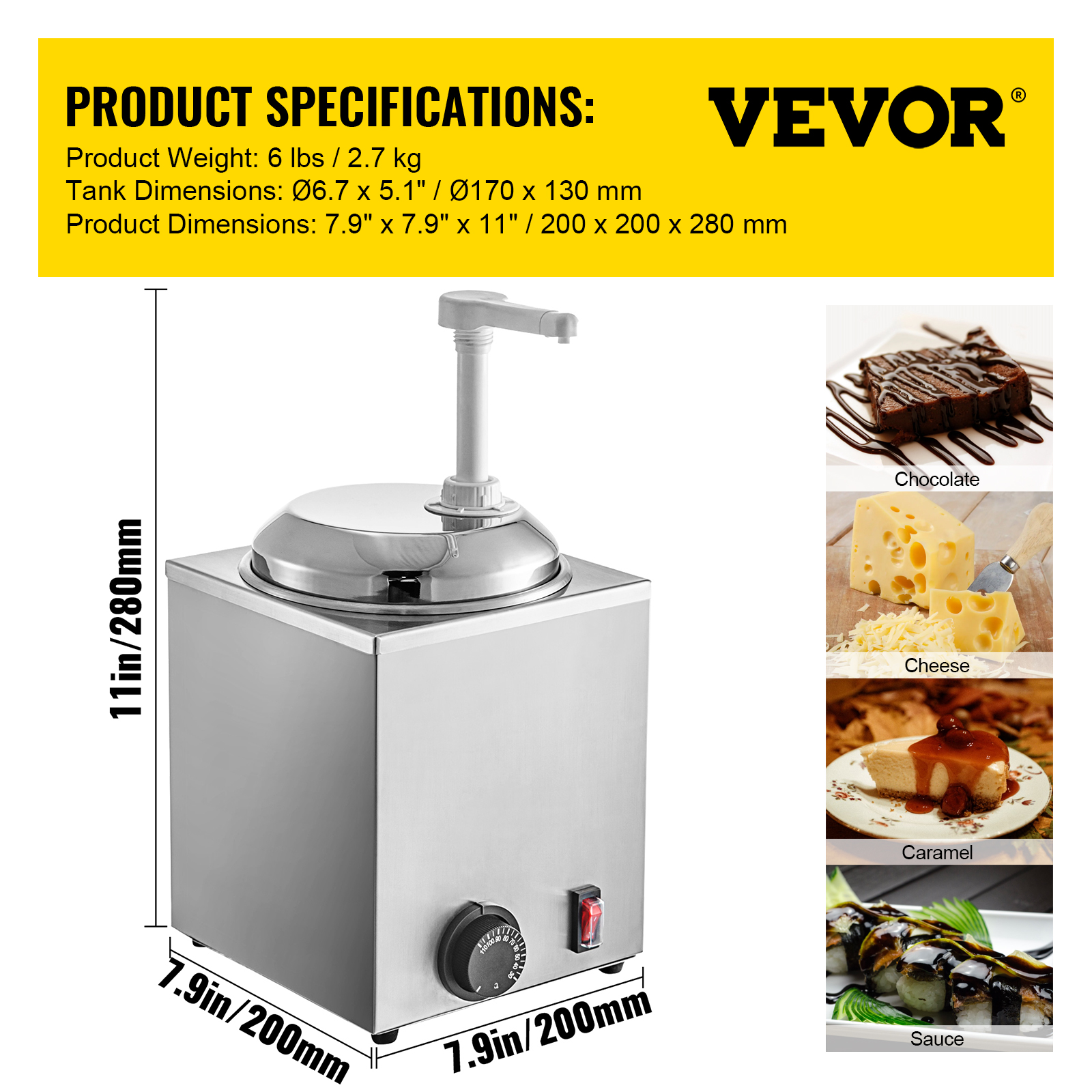 VEVORbrand Hot Fudge Warmer with Pump， 2.6 Qt/650 W， Stainless Steel Hot Cheese Dispenser， Single Head for Hot Fudge Cheese Caramel