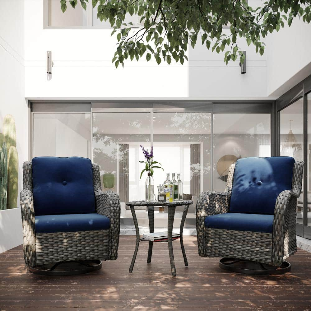 JOYSIDE 3Piece Wicker Patio Conversation Set with Blue Cushions AllWeather Swivel Rocking Chairs