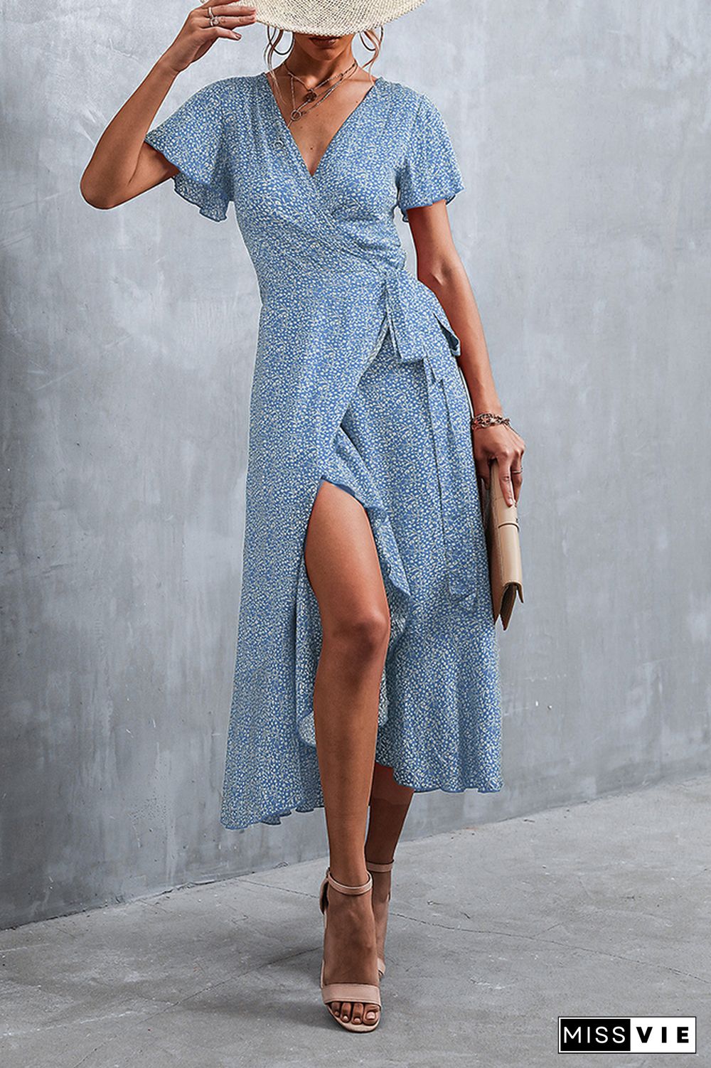 Floral Print V Neck Short Sleeve Dress Wholesale