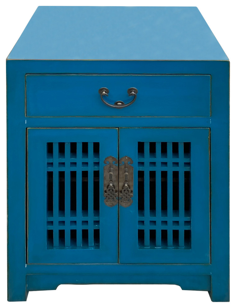 Distressed Bright Bice Blue Shutter Doors End Table Nightstand Hcs7495   Asian   Side Tables And End Tables   by Golden Lotus Antiques  Houzz