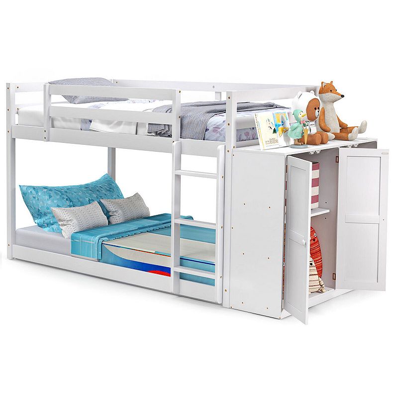 Twin Size Bunk Bed with Convertible Bookcase and Ladder-White