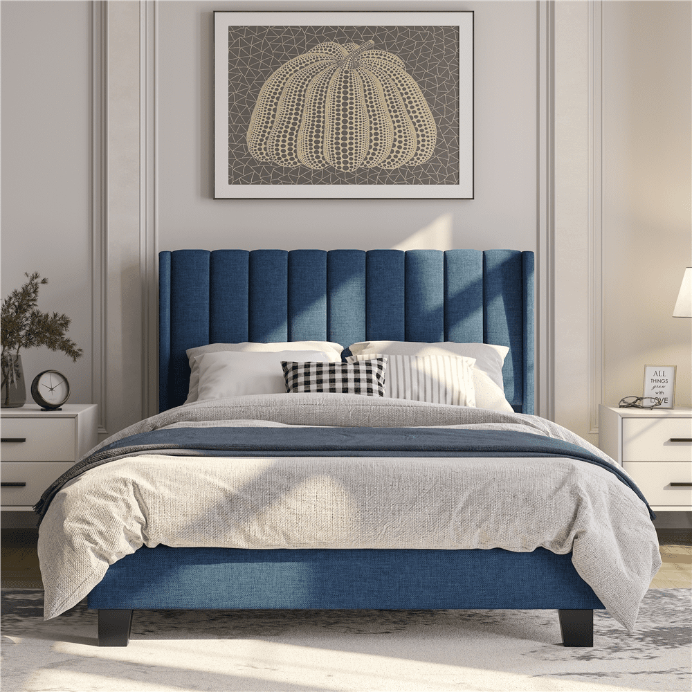 Yaheetech Upholstered Wingback Platform Bed with Support and Mattress Foundation, Full Size, Navy Blue