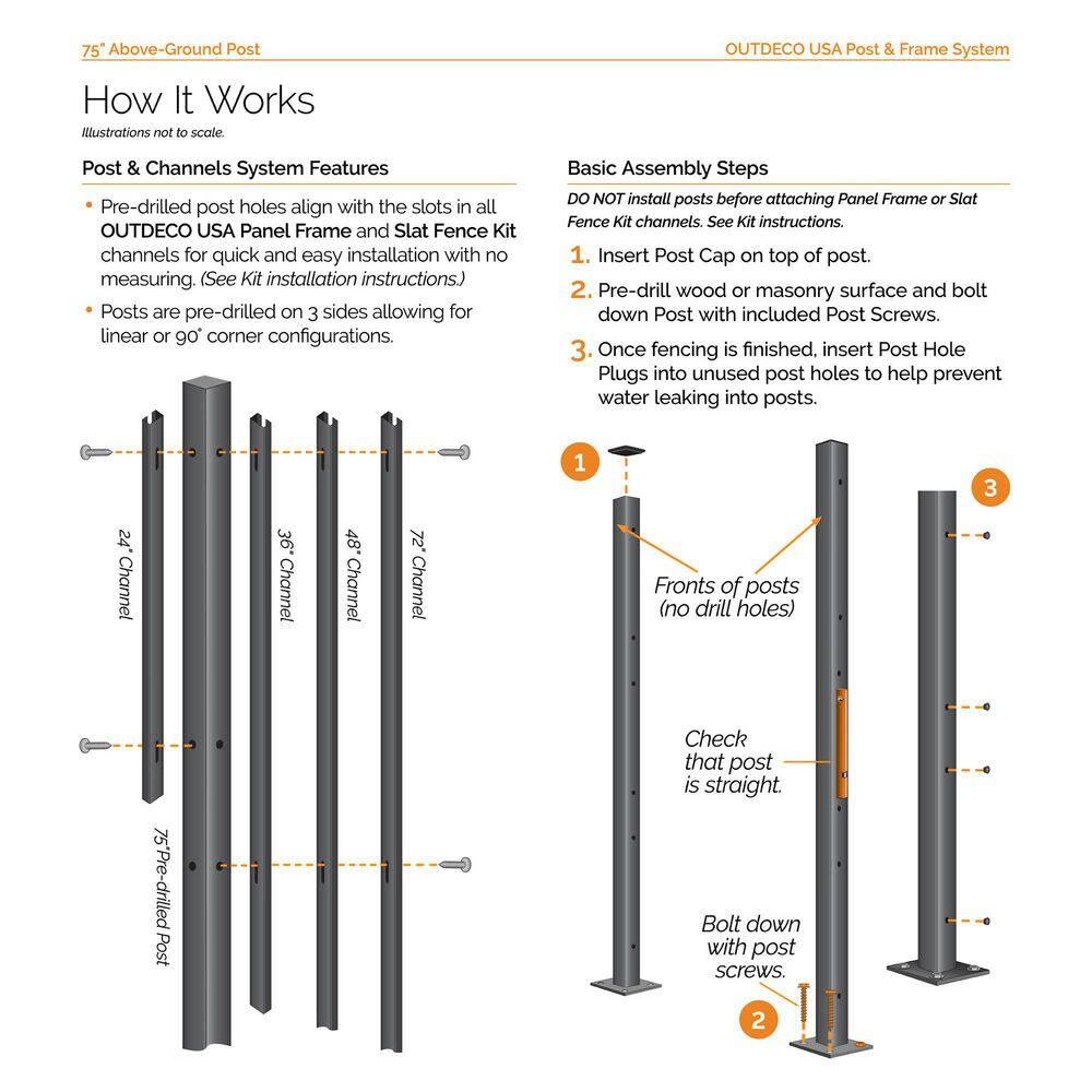 OUTDECO 75 in. x 2 in. x 2in. Black Galvanized Steel Fence Post and Welded Base Plate (Privacy Panels and Slat Fence Installs) ODP75