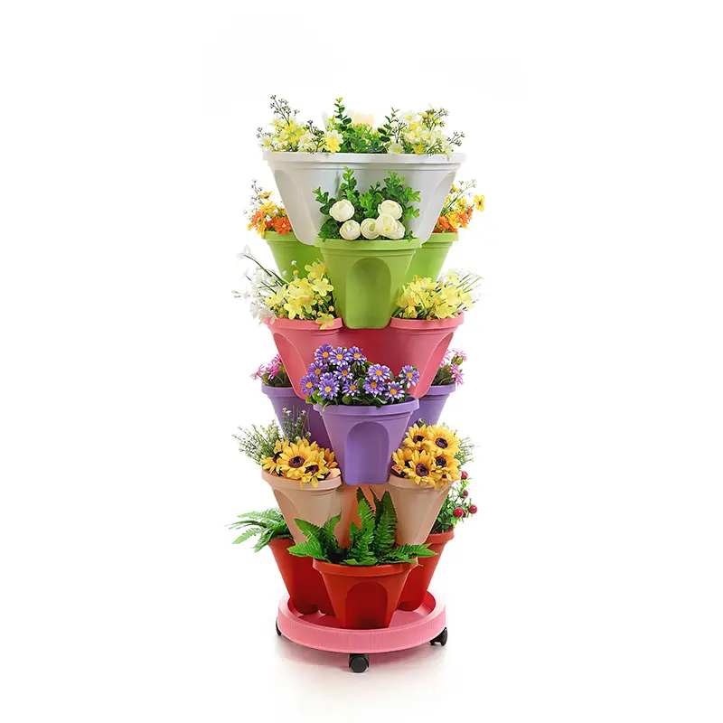 Flower Herb 5 tier Self Watering Stacking Planting Pot Plastic stacking strawberry planter flower pot for home garden