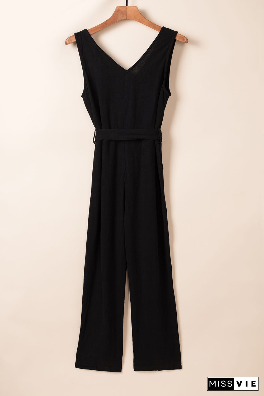 Black V Neck Button Belted Jumpsuit with Pockets