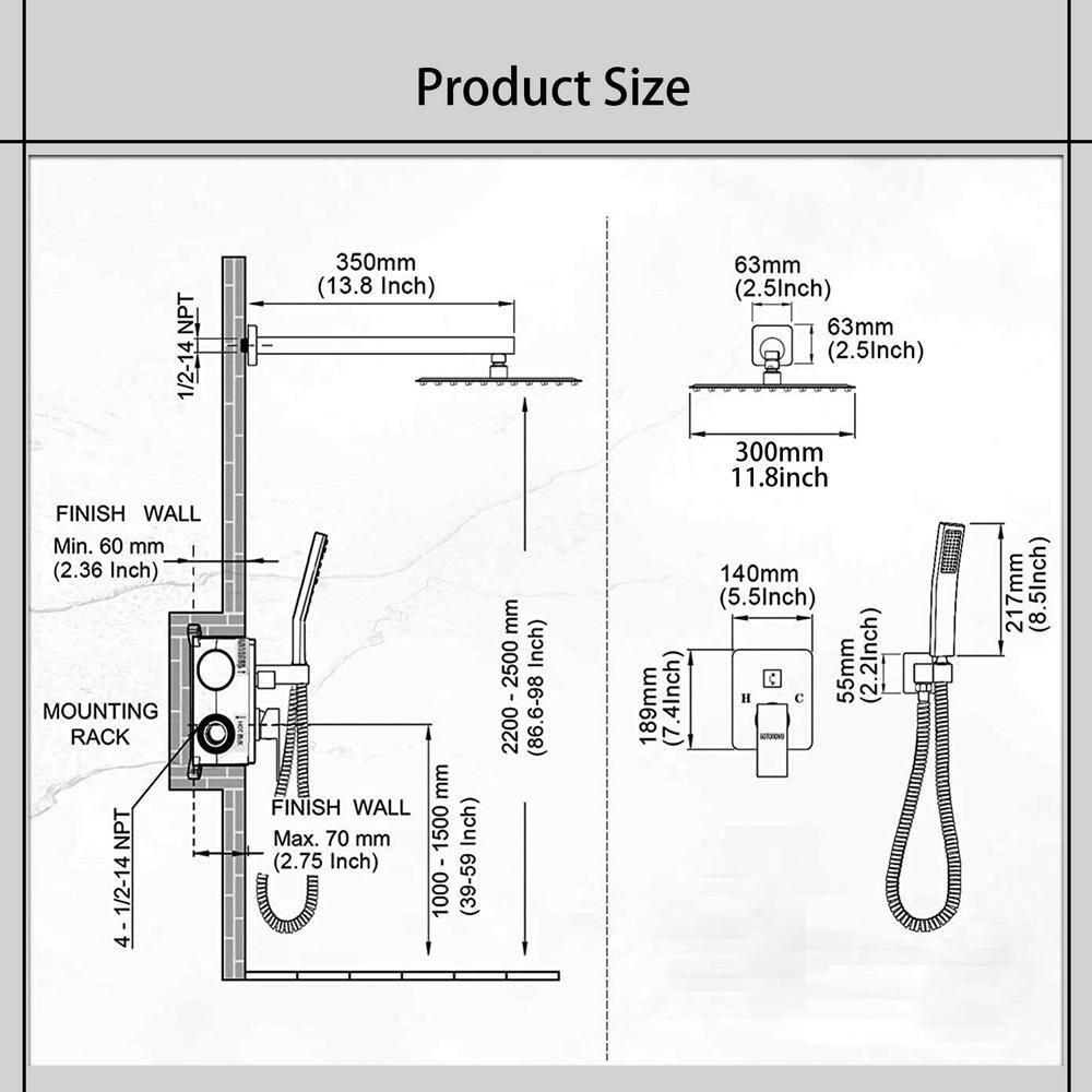 Magic Home 1-Spray 11.8 in. Square Temperature Control Hand Shower and Showerhead from Wall Combo Kit with Slide Bar in Black MH-KST-S212B