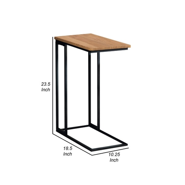 23 Inch Modern C Shape Side End Table， Wood， Metal Frame， USB， Light Brown