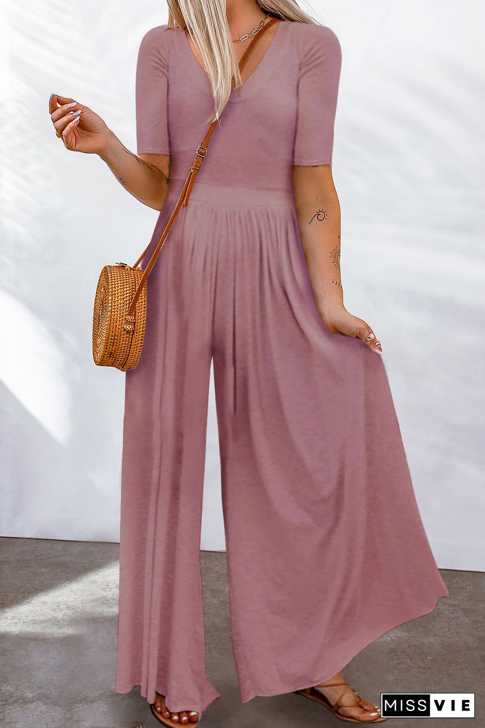 Pink Short Sleeve Bodice Flowy Wide Leg Jumpsuit