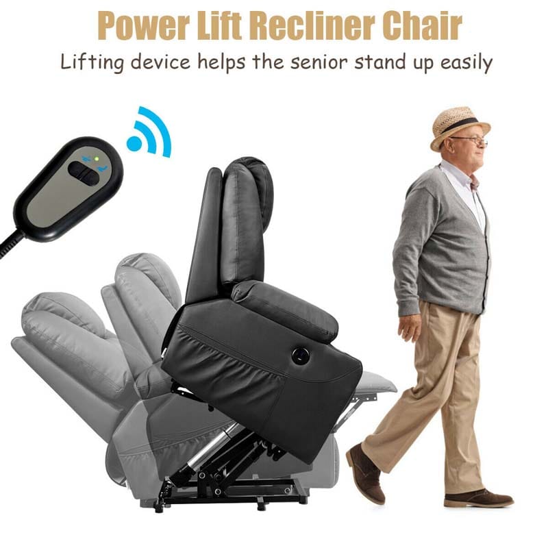 Electric Power Lift Recliner, Leather Massage Reclining Sofa, Elderly Lift Chair with Lumbar Heating & 8 Vibrating Nodes, Cup Holder, USB Port