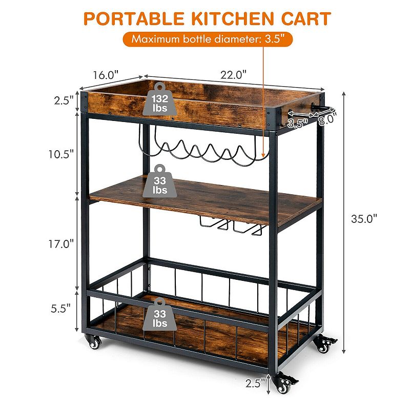 3-Tier Rolling Kitchen Bar Cart with Wine Rack-Rustic Brown