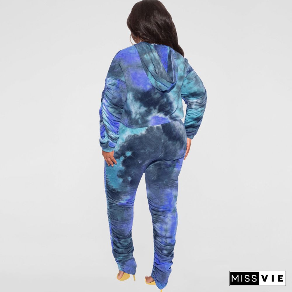 Plus Size Tie Dye Hooded Top Pleated Pants Set