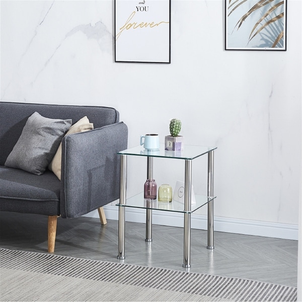 Clear Glass Side Table Two Layer with Shelf(Set of 2)