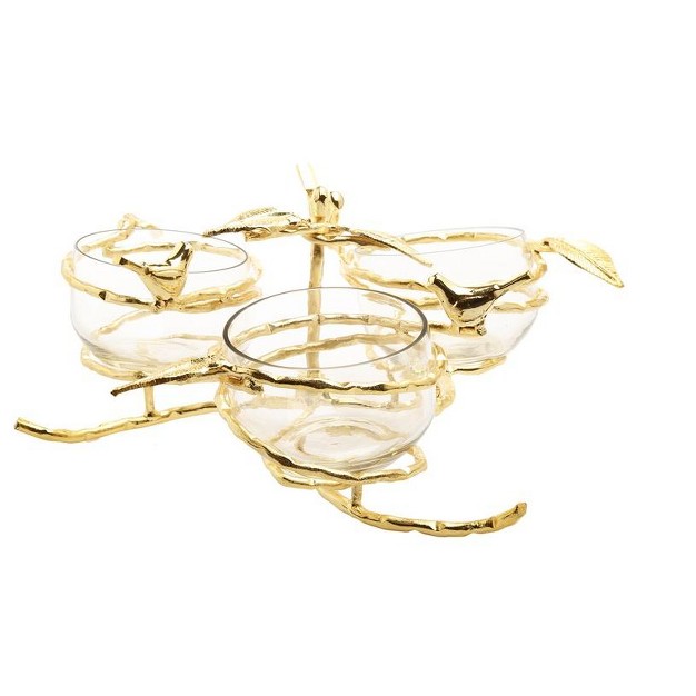 Classic Touch Gold Leaf 3 Bowl Relish Dish With Glass Inserts