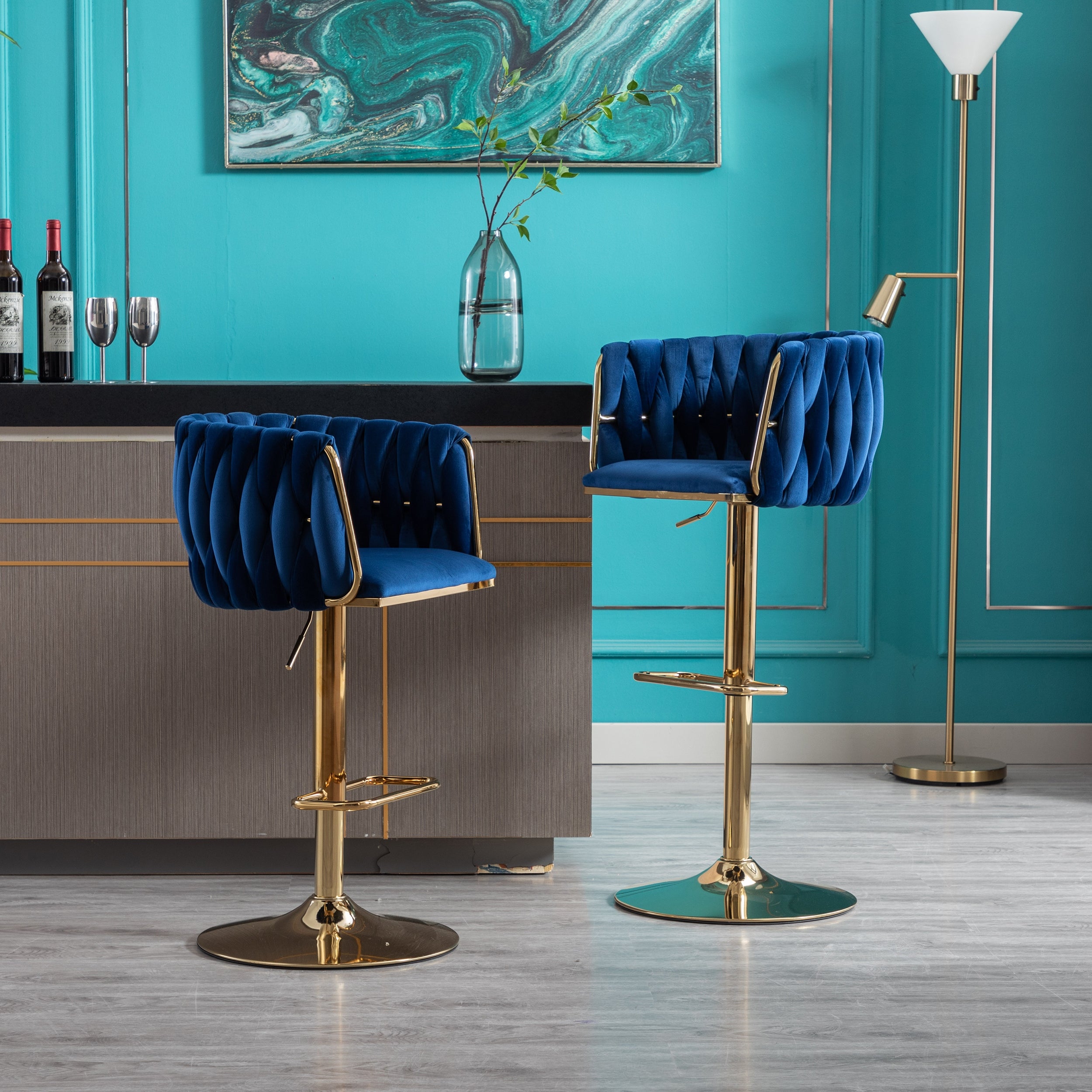 Modern Bar Stools Set of 2 Adjustable Mechanical Lifting Velvet and Golden Leg Simple Bar Stool