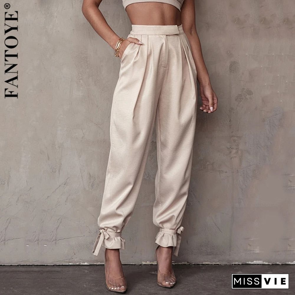 Fantoye Satin Lace Up High Waist Harem Pants Zipper Women Autumn Pleated Loose Pockets Long Trousers Casual Office Ladies Pant