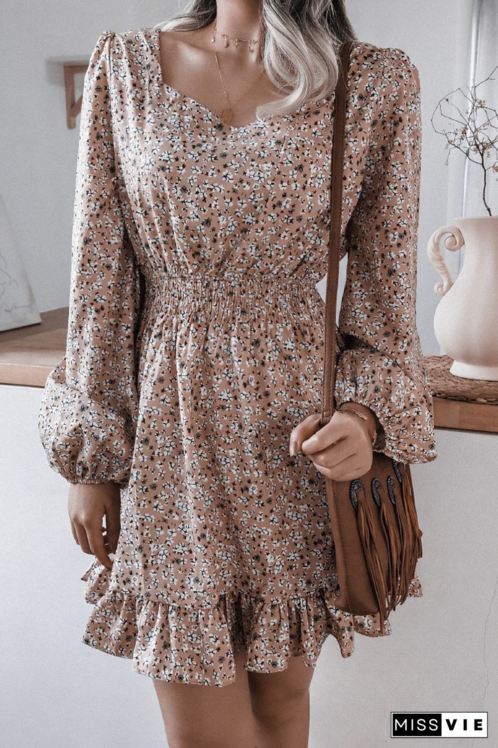 Floral Chiffon Ruffle Lantern Sleeve Dress