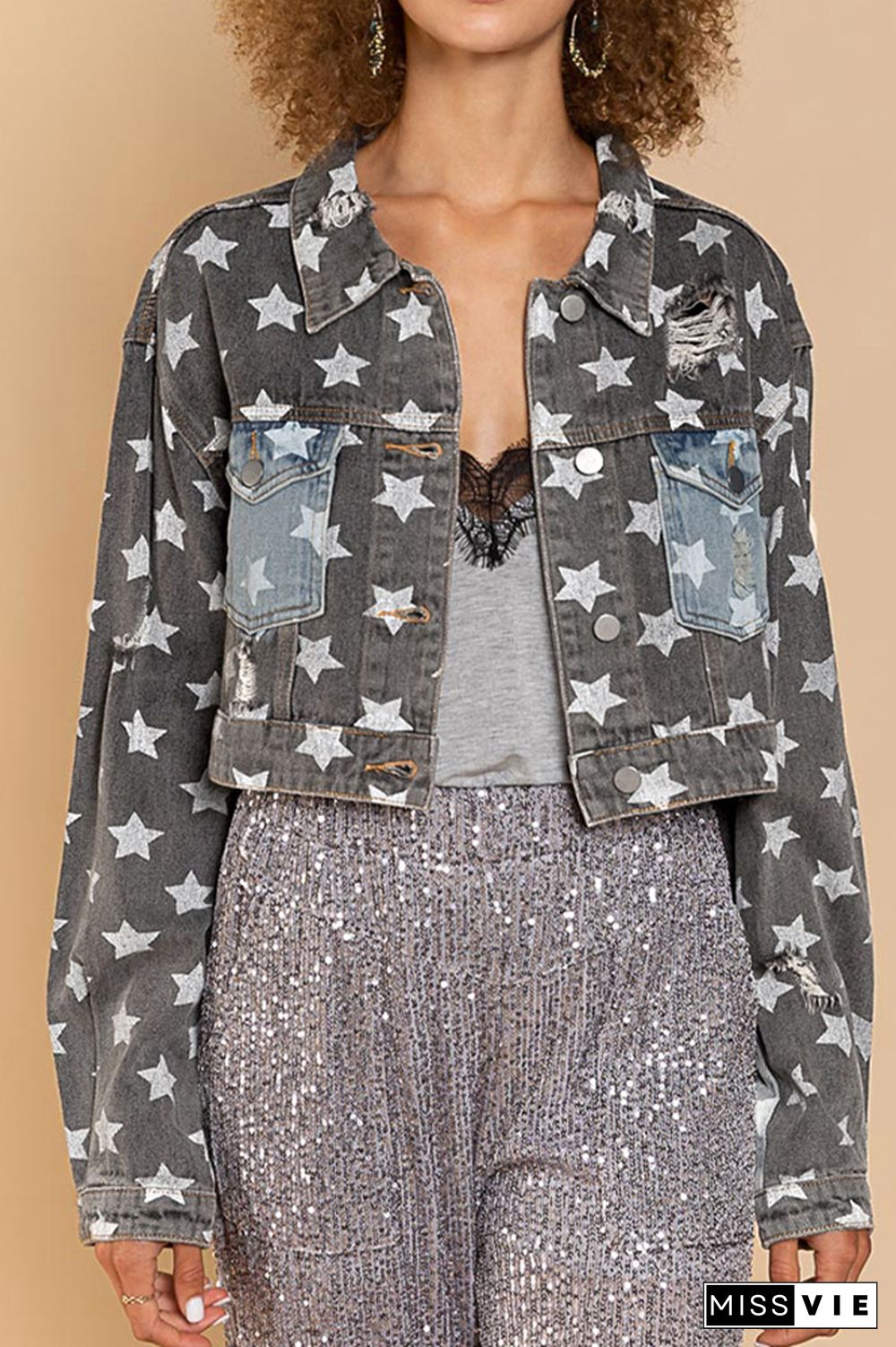 Grey Start Print Short Length Open Button Denim Jackets