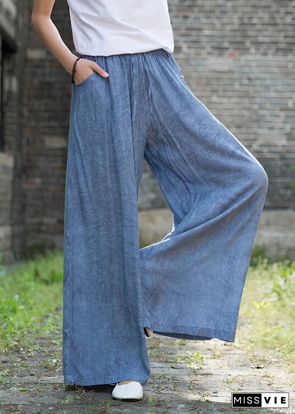 Plus Size Denim Blue Elastic Waist Pockets Cotton Straight Pants Fall