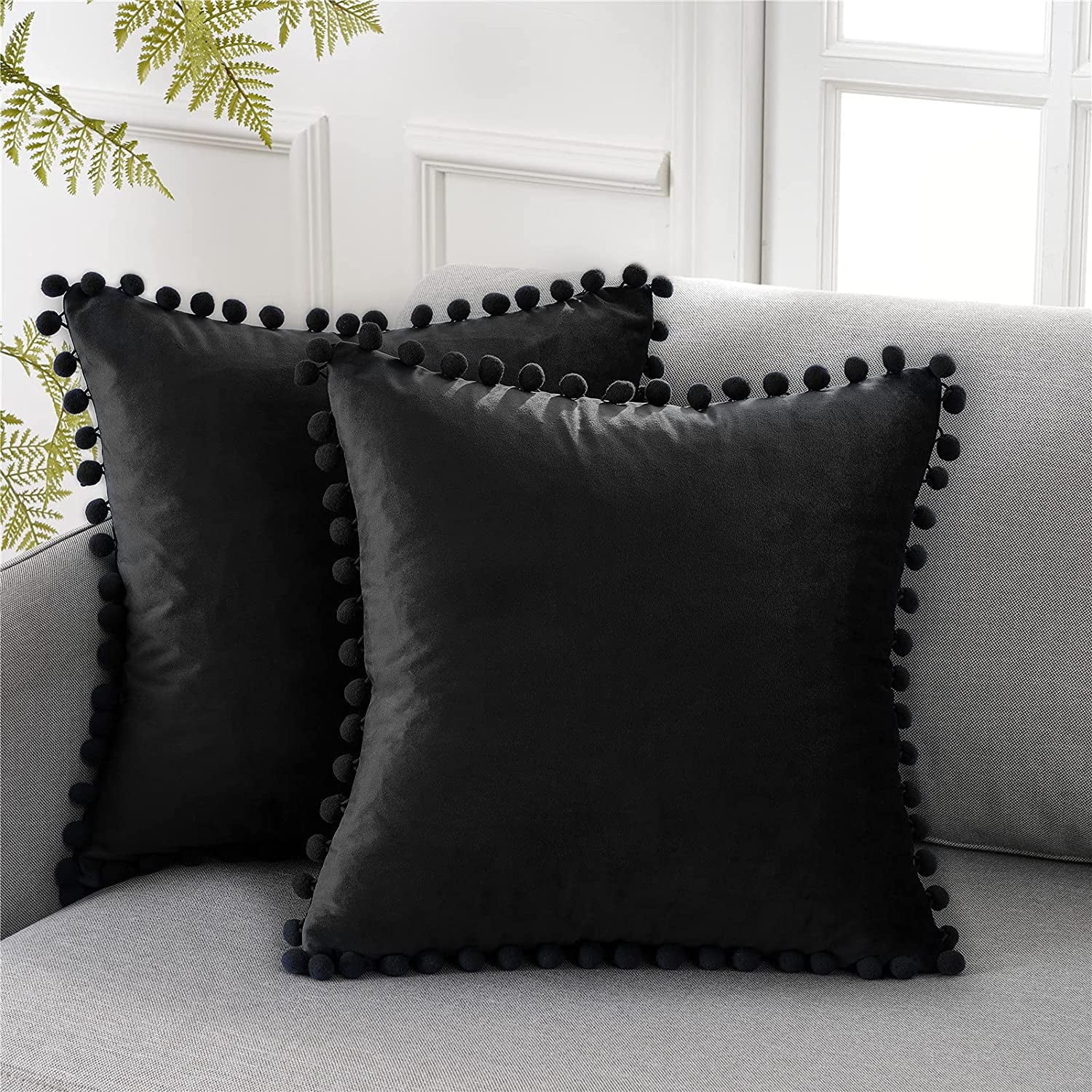 Top Finel Decorative Throw Pillow Covers for Couch Bed Soft Particles Velvet Solid Cushion Covers with Pom-poms 16 x 16 Inch, Pack of 2, Black