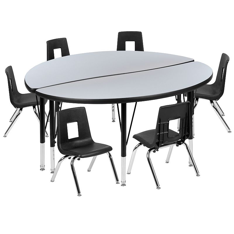 Emma and Oliver 47.5 Circle Wave Activity Table Set with 14 Student Stack Chairs， Oak/Black