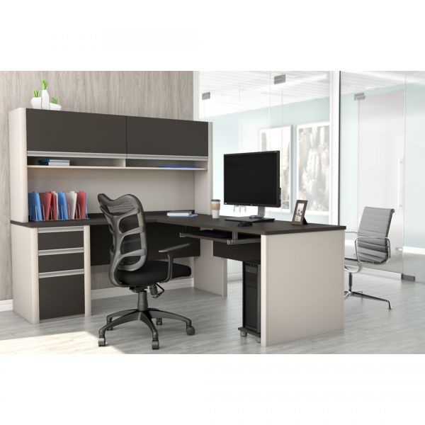 Bestar Connexion L-shaped workstation with hutch in Slate and Sandstone