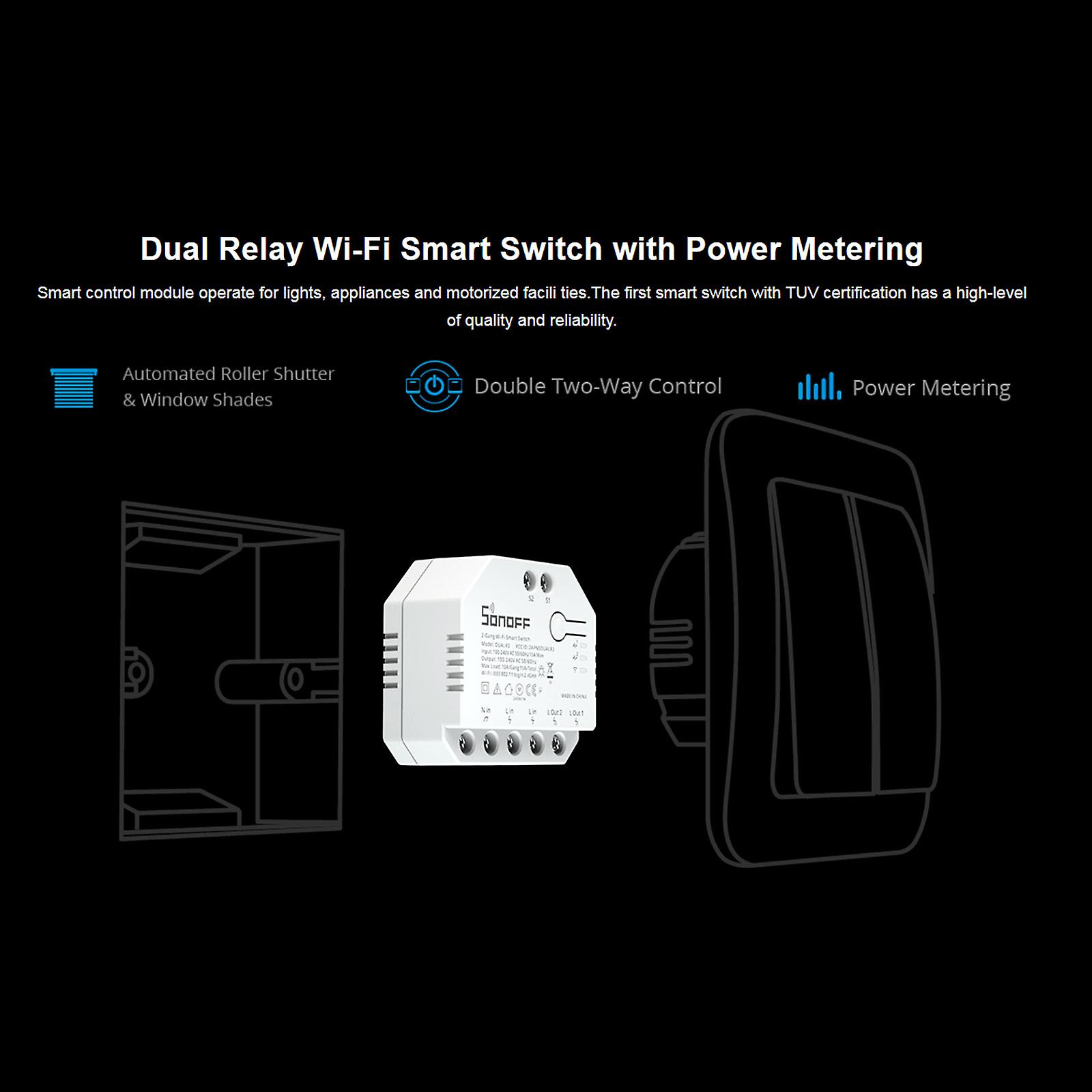 Sonoff Dualr3 Dual Relay Wi-fi Smart Curtain Switch With Power Metering Voice/app Remote Control Double 2-way Diy Switch Module For Light/curtain/blin