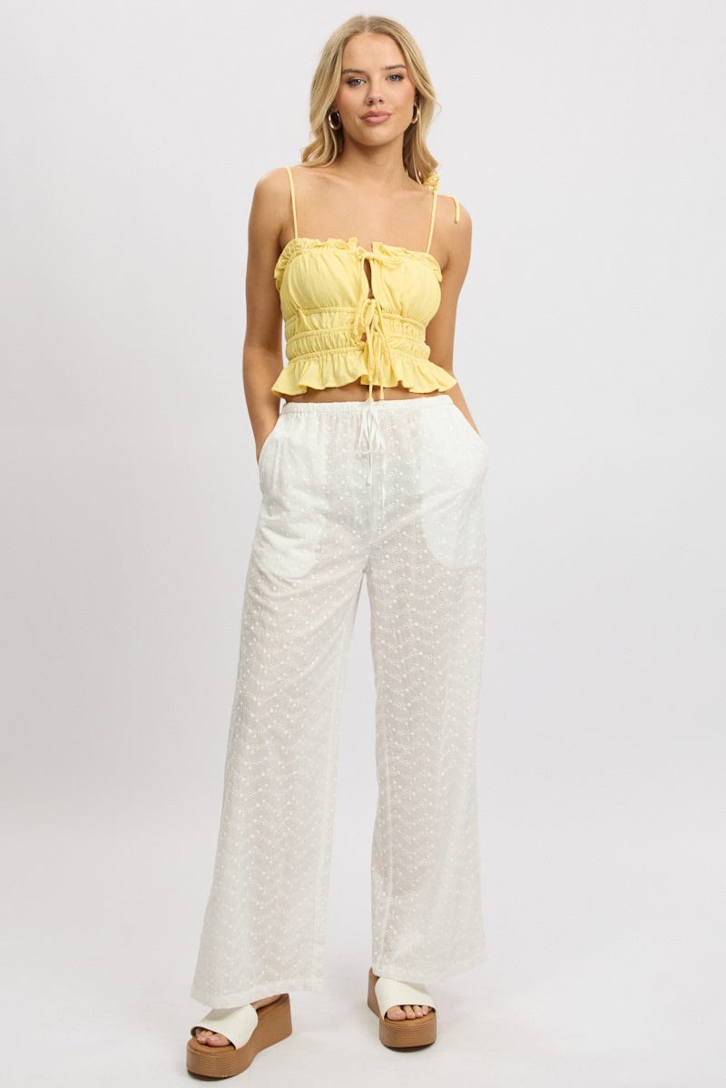 White Wide Leg Pants High Rise Eyelet Fabric