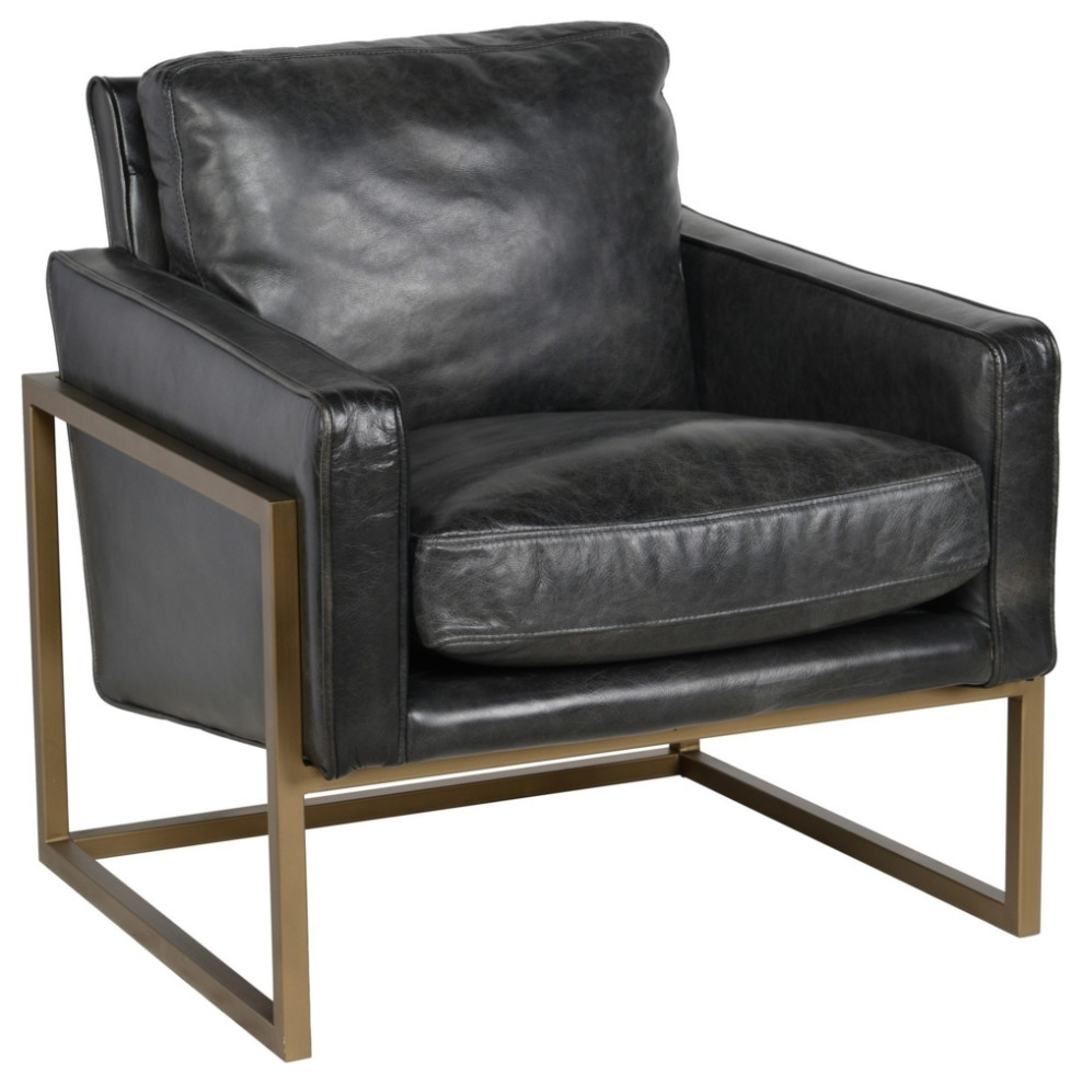 30 Inch Classic Club Chair Top Grain Black Leather Upholstery Brass Frame   Contemporary   Armchairs And Accent Chairs   by VirVentures  Houzz