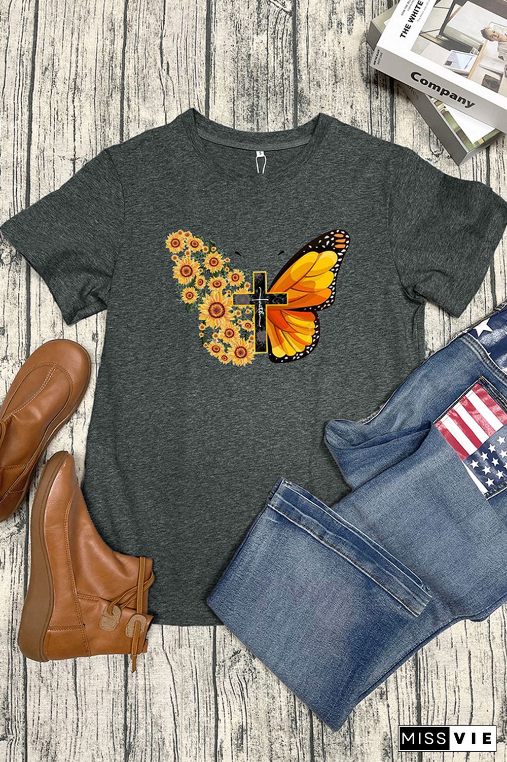 Butterfly Print Short Sleeve Graphic Tee Wholesale