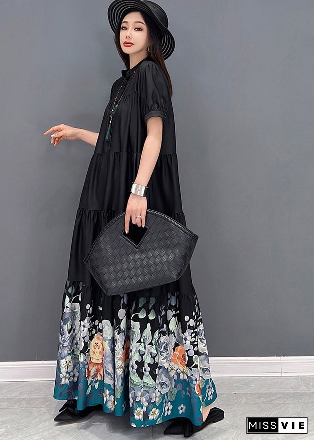 French Black Stand Collar Floral Print Wrinkled Patchwork Cotton Long Dress Short Sleeve