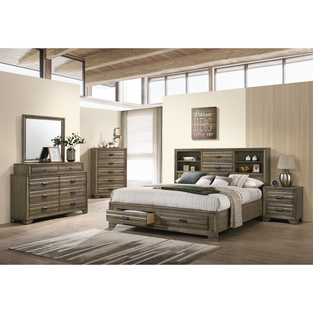 Roundhill Furniture Loiret Rubbed Gray Oak Finish Wood Storage Platform Bedroom Set with Dresser  Mirror  Two Nightstands  Chest