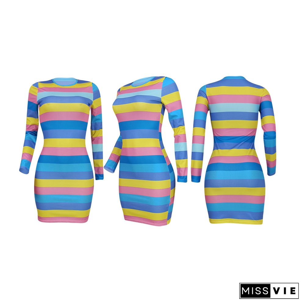 Chromatic Stripe Long Sleeve Round Neck Bodycon Dress